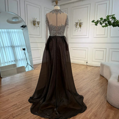 Silver Nude Beaded Long Sleeve Arabic Evening Dress LA72769A - SERENE HILL