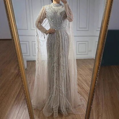 Luxury Sliver Hijab Modest Muslim Beaded Evening Dress LA73215 - SERENE HILL