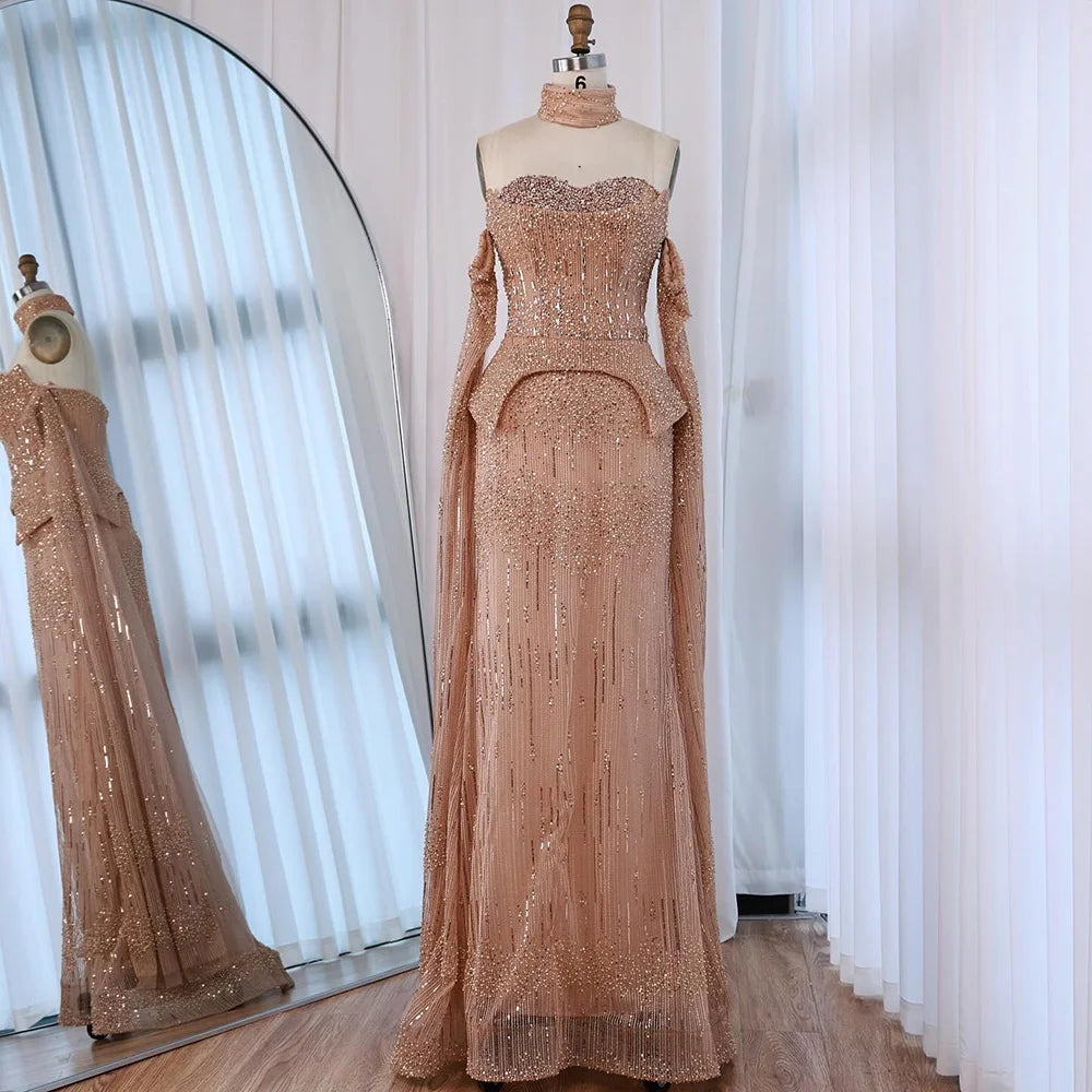 Luxury Gray Beaded Off-Shoulder Evening Dress with Cape Sleeves LA73076 - SERENE HILL
