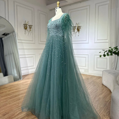 Luxury Blue A-Line Feathers Beaded Evening Dress with Cape Sleeves LA71782A - SERENE HILL