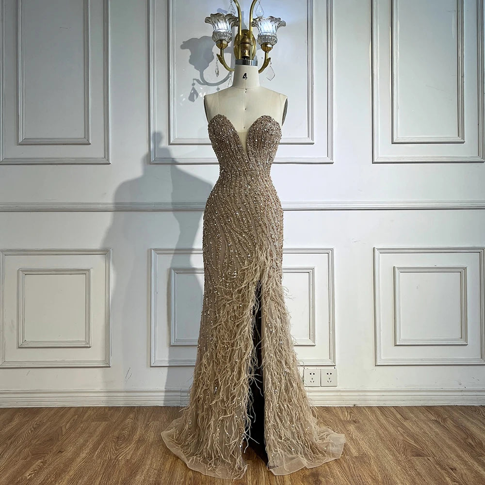 Luxury Blue Feather Beaded Evening Dress with Side Skirt LA72695 - SERENE HILL