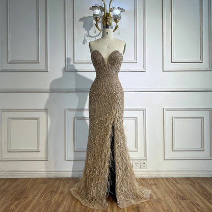 Luxury Blue Feather Beaded Evening Dress with Side Skirt LA72695 - SERENE HILL