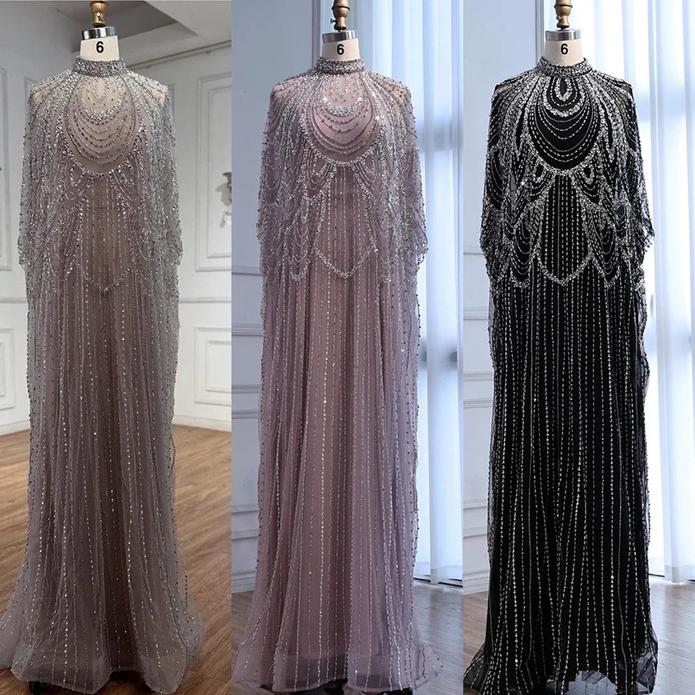 Luxury Silver Nude Beaded Mermaid Evening Dress with Cape LA72484A - SERENE HILL