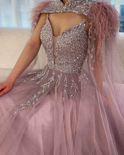 Luxury Dubai Arabic Beige A-Line Feathers Long Cape Luxury Beaded Saudi Evening Dresses Gowns for Formal Occasion LA72722 - SERENE HILL
