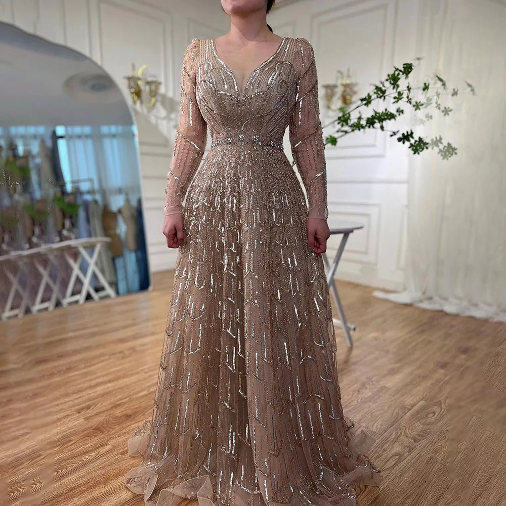 Serene Hill Muslim Designer Luxury Caramel A Line V Neck Beaded Evening Dresses Gowns For Women Wedding Party 2025 LA71940 - SERENE  HILL