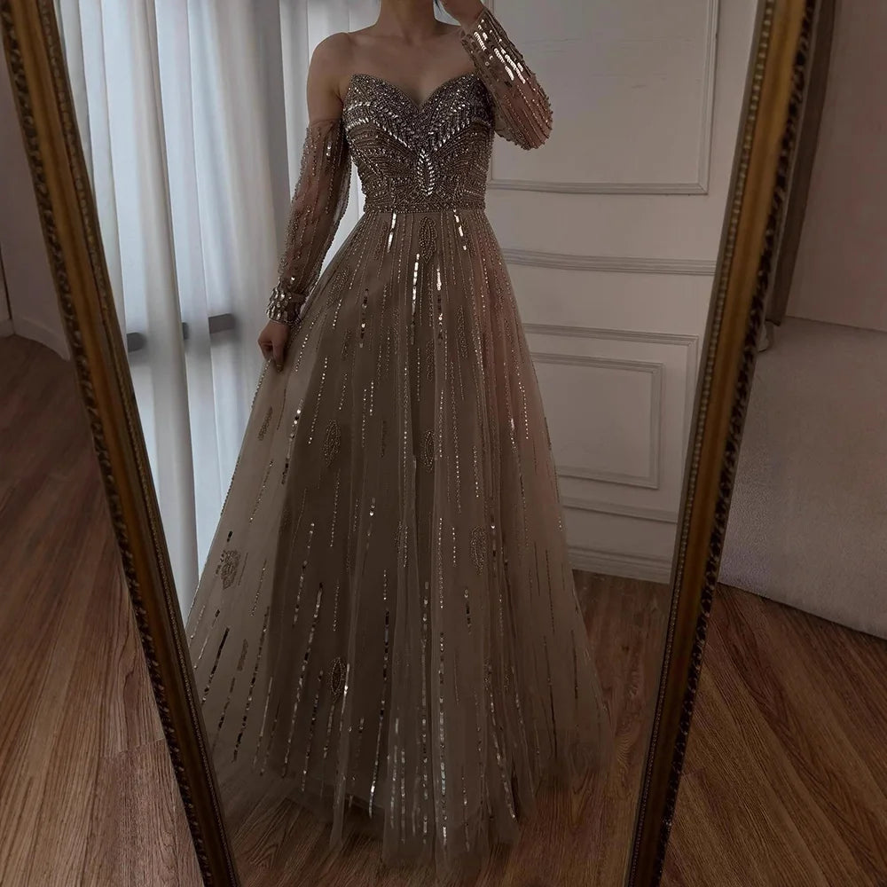 Luxury Caramel Crystal Beaded Long Sleeve Mermaid Evening Dress LA73130 - SERENE HILL