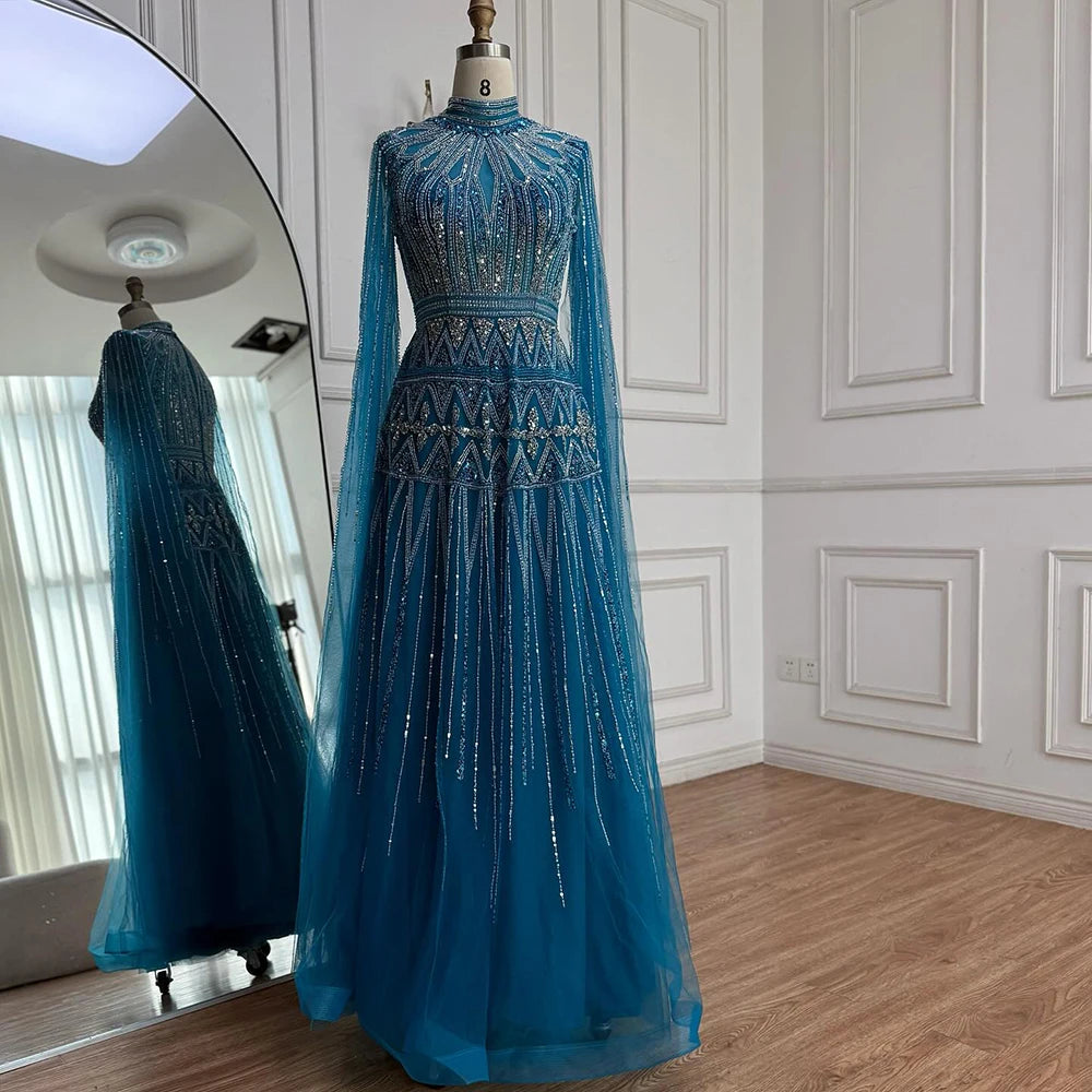 Luxury Arabic Blue Beaded Evening Dress with Cape Sleeves LA73187 - SERENE HILL