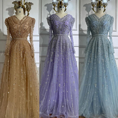 Luxury Nude A Line Beaded Evening Dress for Formal Occasion LA71803D - SERENE HILL