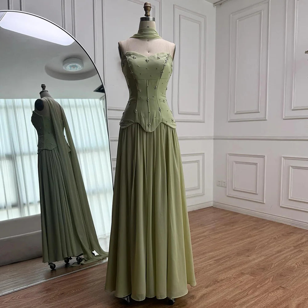 Classy Sage Green A-Line Chiffon Evening Dress LA73073 - SERENE HILL