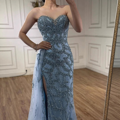 Luxury Saudi Arabic Blue Beaded Evening Dress with Slit LA72877 - SERENE HILL
