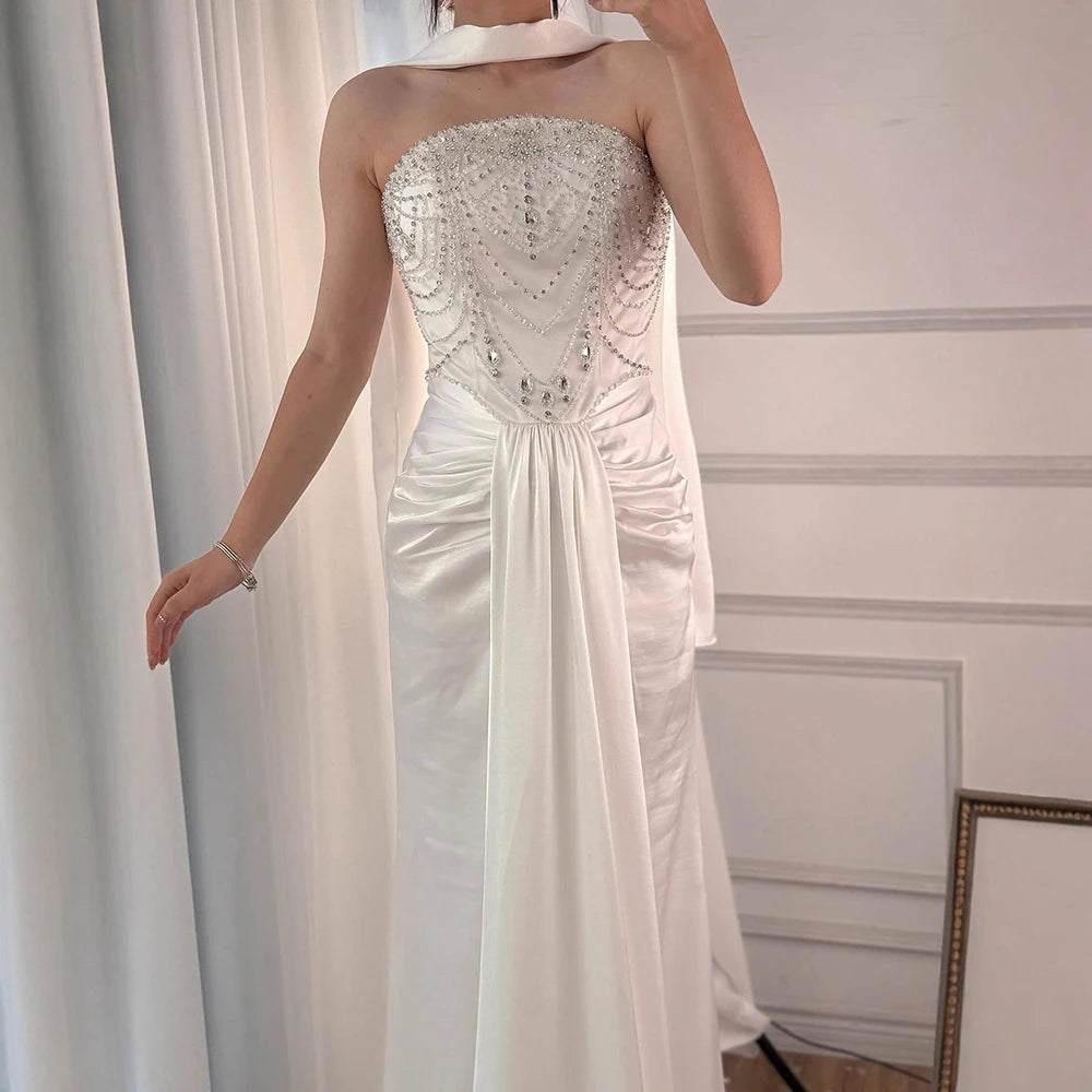 White Beaded Evening Dress with Gloves LA73086 - SERENE HILL