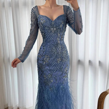 Arabic Blue Feather Beaded Mermaid Evening Dress for Women LA71818 - SERENE HILL