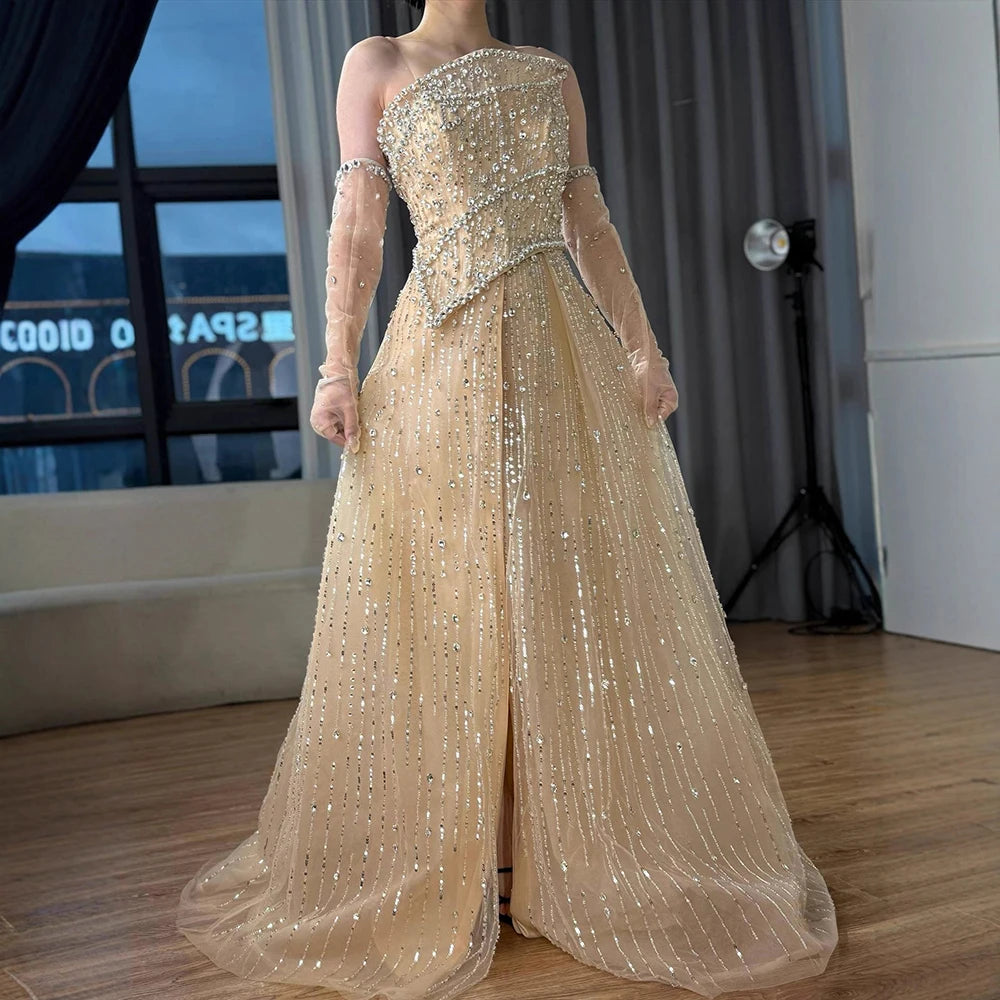 Luxury Nude Crystal Beaded A-Line Evening Dress with Split LA72949 - SERENE HILL
