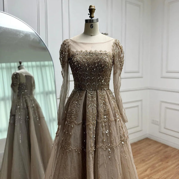 Luxury Caramel A-Line Beaded Evening Dress with Long Sleeves LA73077