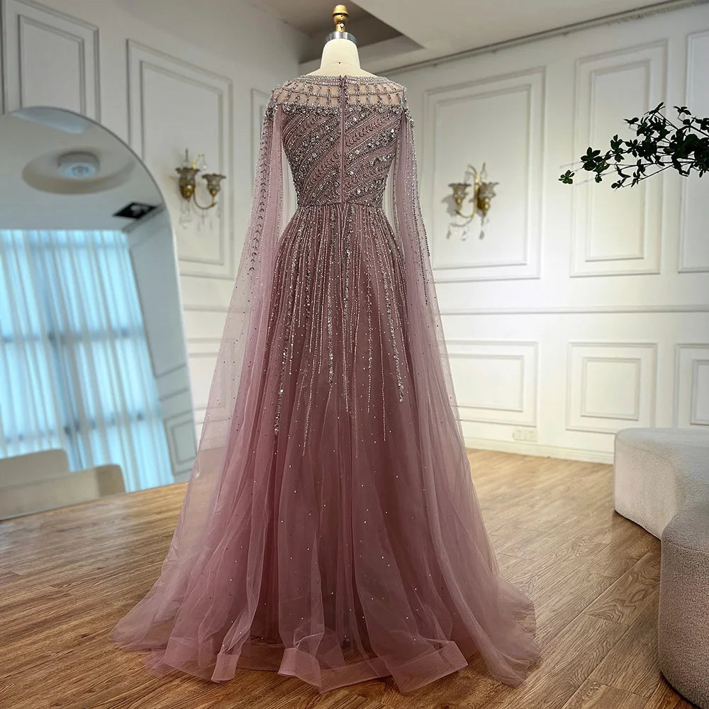 Luxury Caramel Beaded Evening Dress with Cape LA72994 - SERENE HILL
