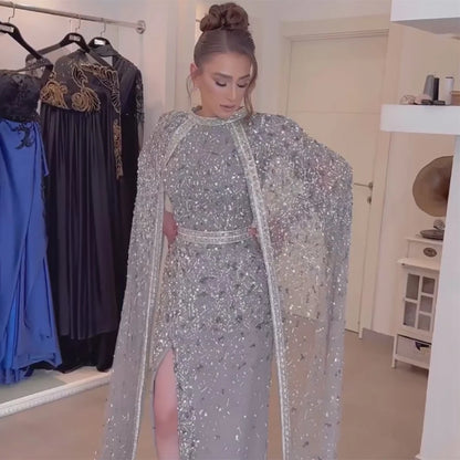 Luxury Gray Arabic Mermaid Evening Dress with Cape LA72180 - SERENE HILL