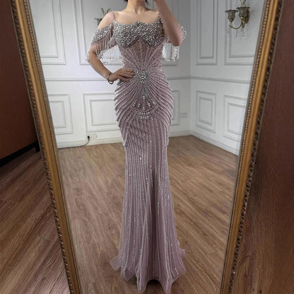 Luxury Sage Green Pearls Beaded Mermaid Evening Dress Off Shoulder LA73148 - SERENE HILL