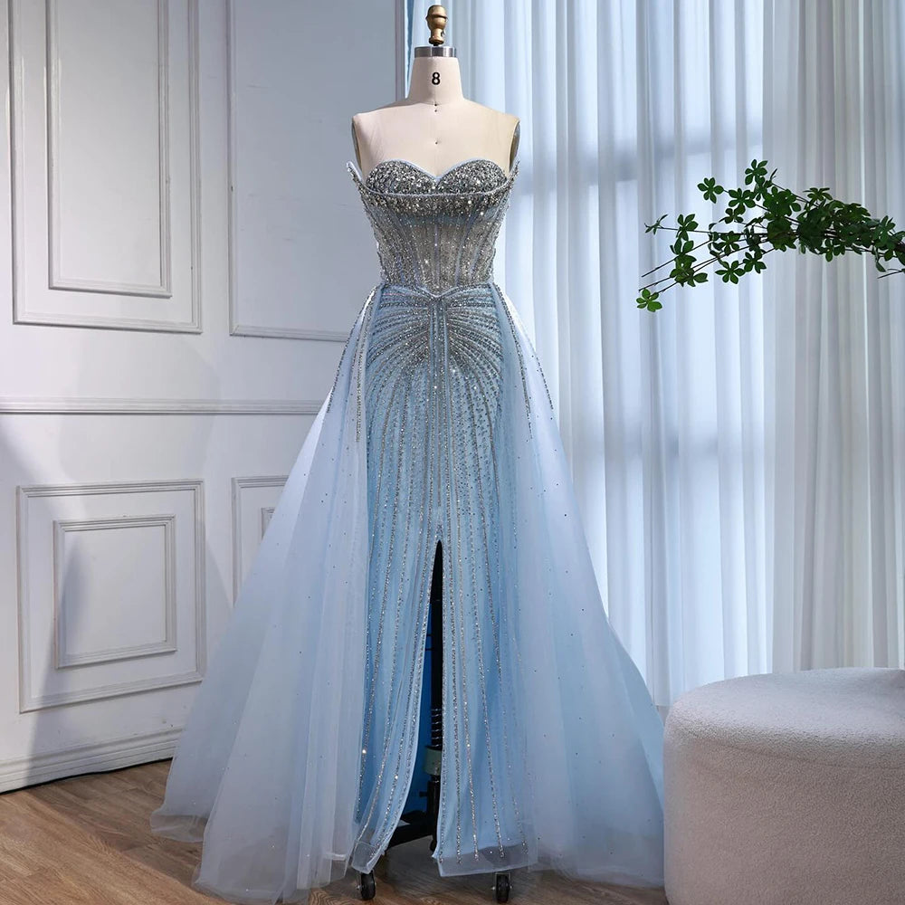 Luxury Dubai Nude Beaded Mermaid Evening Dress with Overskirt LA72811 - SERENE HILL