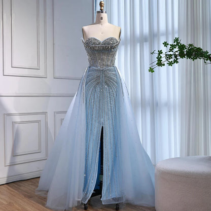 Luxury Dubai Nude Beaded Mermaid Evening Dress with Overskirt LA72811 - SERENE HILL