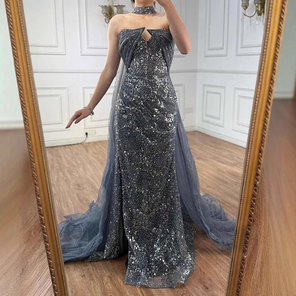 Luxury Gray Beaded Evening Dress with Long Cape LA73159 - SERENE HILL