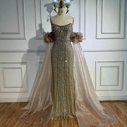 Luxury Pink Beaded Mermaid Evening Dress with Puff Sleeves LA72569 - SERENE HILL