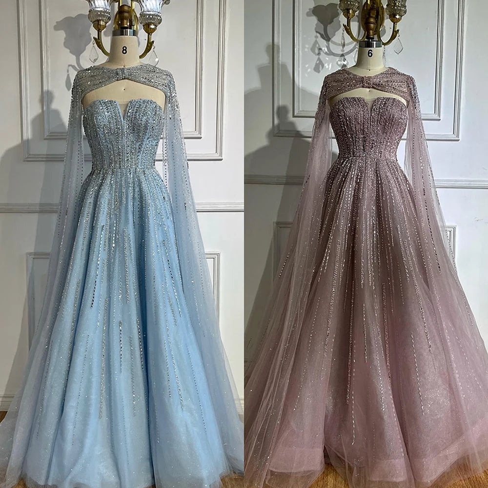 Serene Hill 2025 Arabic Blue Cape Sleeves A-Line Beaded Evening Dresses Long Celebrity Gowns for Women Wedding Party LA72427 - SERENE HILL
