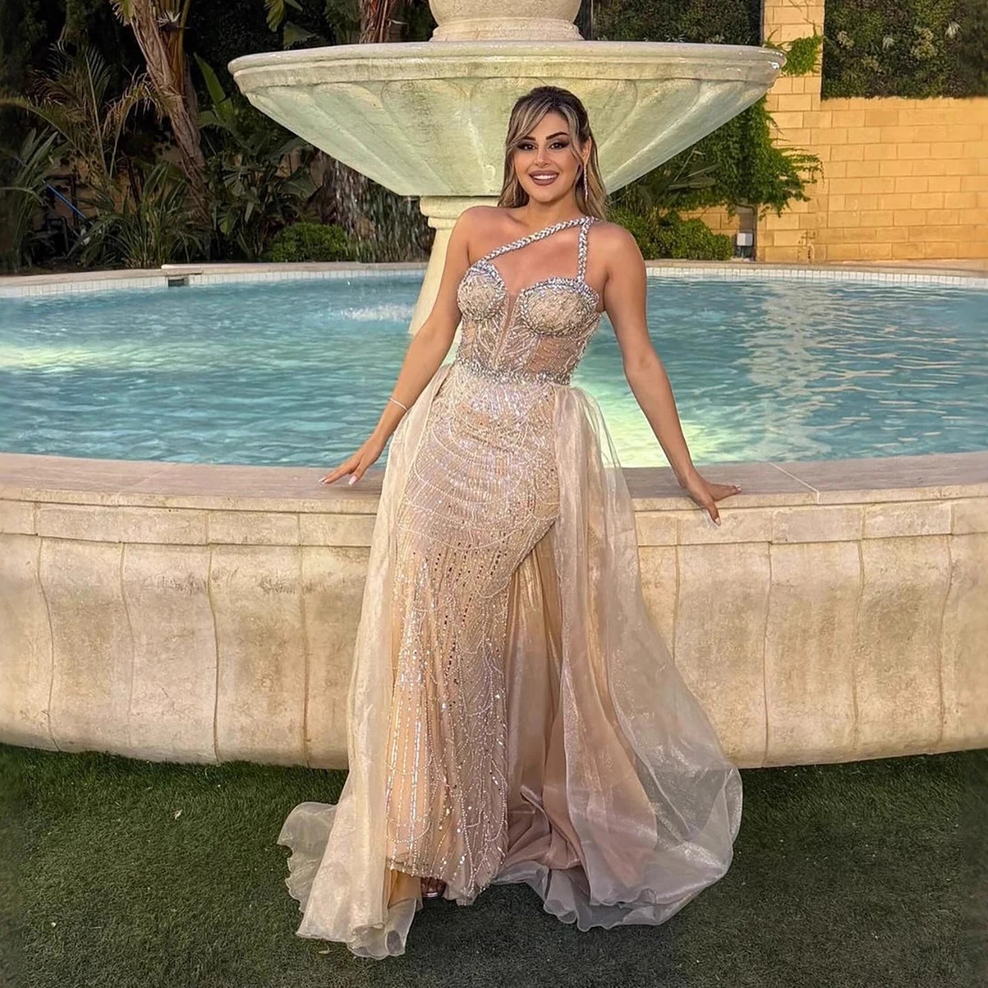 Luxury Nude One Shoulder Beaded Mermaid Evening Dress LA73358 - SERENE HILL