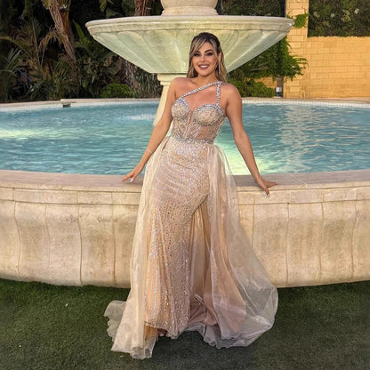 Luxury Nude One Shoulder Beaded Mermaid Evening Dress LA73358 - SERENE HILL