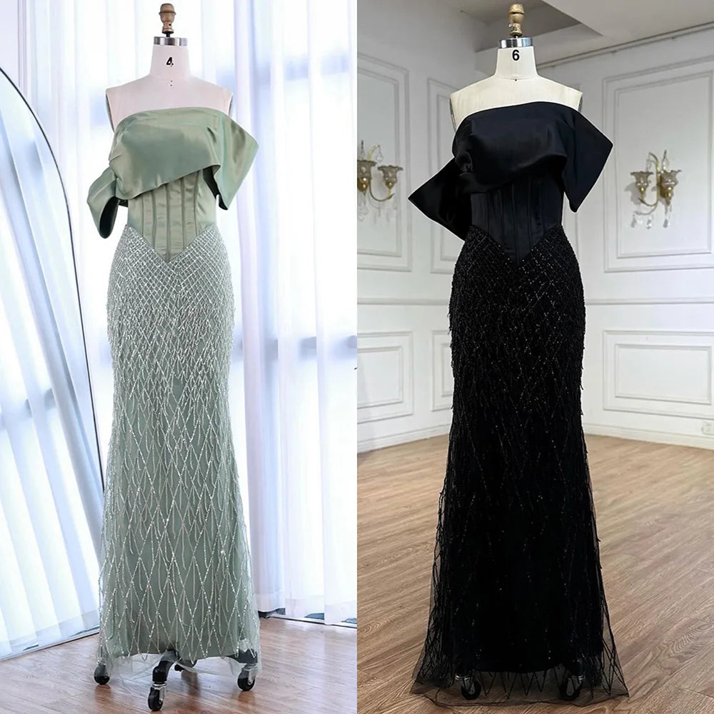 Sage Green Off Shoulder Tassel Beaded Mermaid Evening Dress LA73037 - SERENE HILL