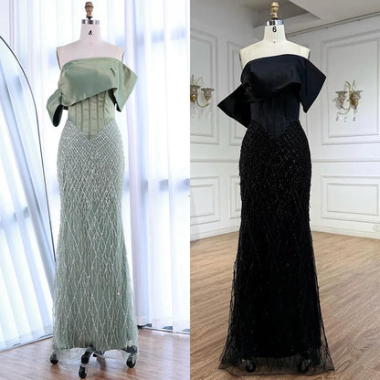 Sage Green Off Shoulder Tassel Beaded Mermaid Evening Dress LA73037 - SERENE HILL