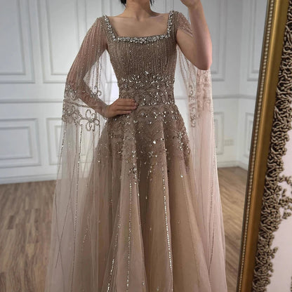 Luxury Caramel A-Line Beaded Evening Dress with Cape Sleeves LA73089A - SERENE HILL