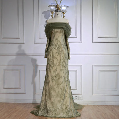Elegant Olive Green Evening Dress with Lace Sleeves LA72942 - SERENE HILL