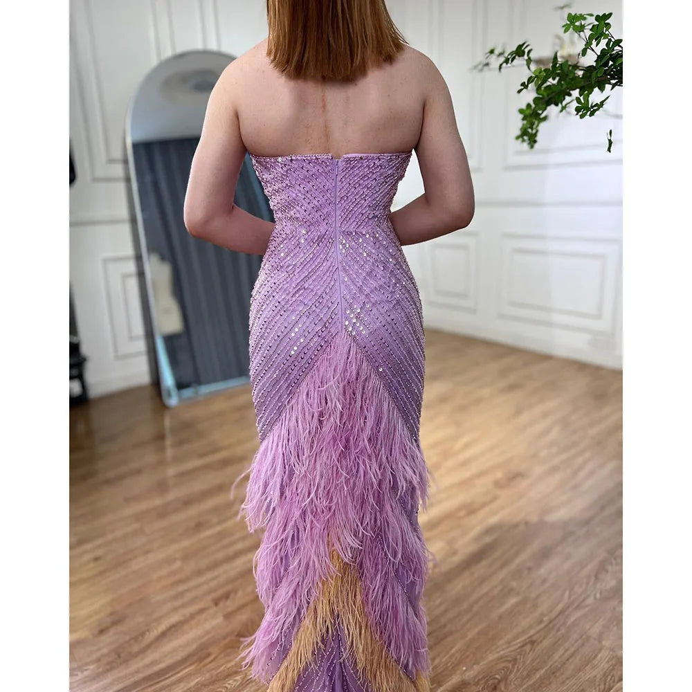 Lilac Feather Halter Mermaid Luxury Dubai Evening Dress LA72056 - SERENE HILL