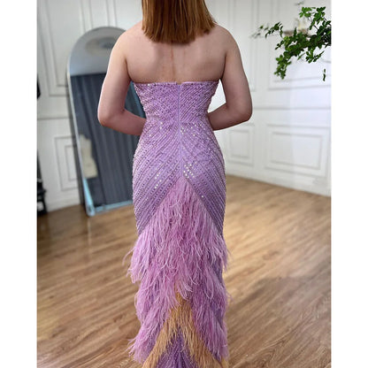 Lilac Feather Halter Mermaid Luxury Dubai Evening Dress LA72056 - SERENE HILL