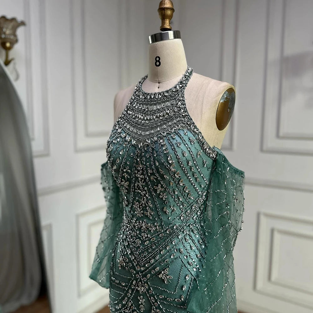 Luxury Turquoise Mermaid Evening Dress Detachable Sleeves LA72925 - SERENE HILL