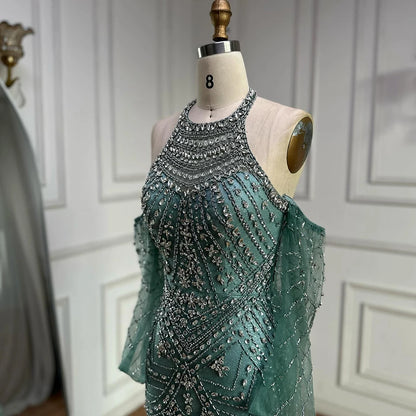Luxury Turquoise Mermaid Evening Dress Detachable Sleeves LA72925 - SERENE HILL