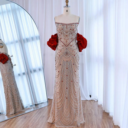 Luxury Beaded Evening Dress Puff Sleeves Pearl Adorned LA72903 - SERENE HILL