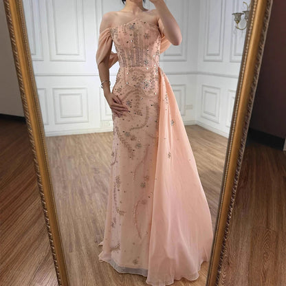 Luxury Nude Off Shoulder Pearl Beaded Mermaid Evening Dress with Overskirt LA73109 - SERENE HILL