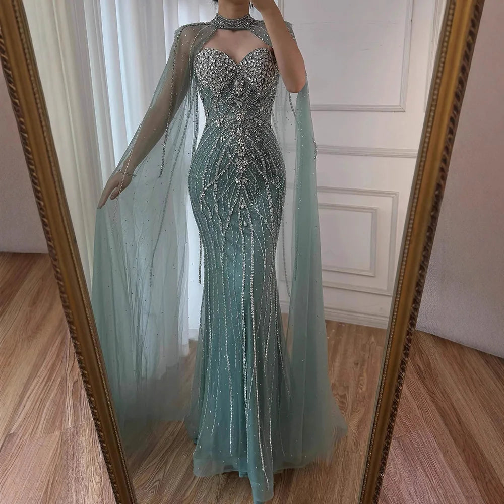 Luxury Turquoise Beaded Cape Sleeve Saudi Arabic Evening Dress LA73136A - SERENE HILL