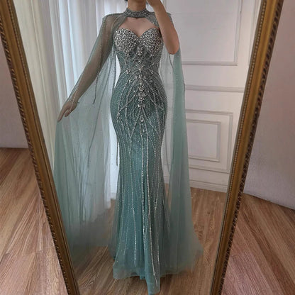 Luxury Turquoise Beaded Cape Sleeve Saudi Arabic Evening Dress LA73136A - SERENE HILL