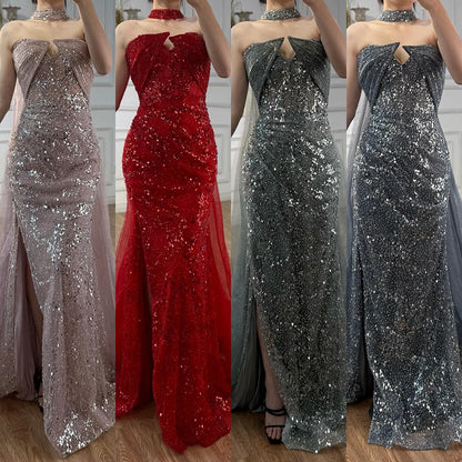 Luxury Gray Beaded Evening Dress with Long Cape LA73159 - SERENE HILL