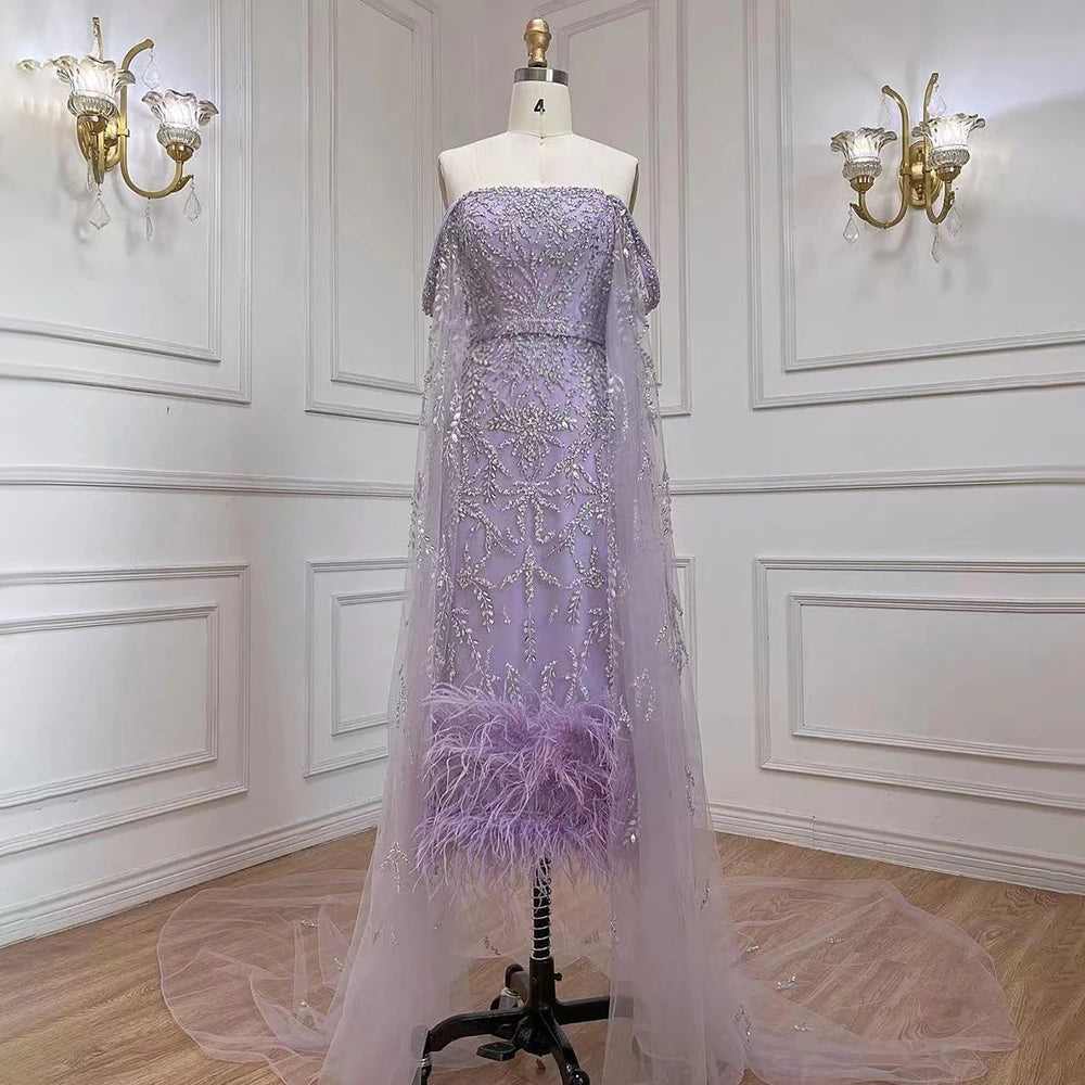 Dubai Luxury Feathers Lilac Evening Dress with Cape Sleeves LA71841 - SERENE HILL