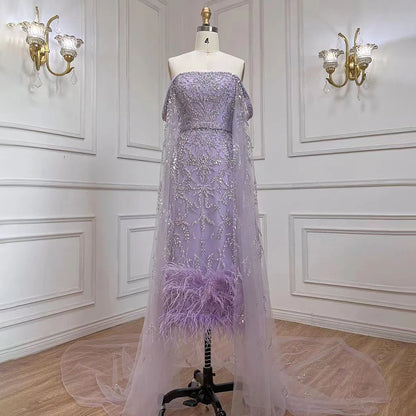 Dubai Luxury Feathers Lilac Evening Dress with Cape Sleeves LA71841 - SERENE HILL