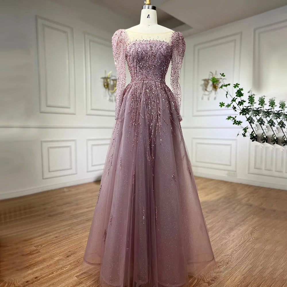 Luxury Dusty Pink Long Sleeves A-Line Evening Dress LA71915 - SERENE HILL