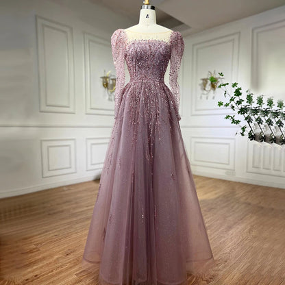 Luxury Dusty Pink Long Sleeves A-Line Evening Dress LA71915 - SERENE HILL