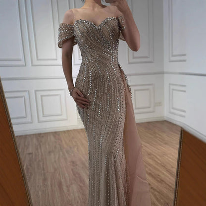 Luxury Nude Beaded Mermaid Evening Dress with Overskirt LA72911 - SERENE HILL