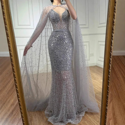 Luxury White Sequin Mermaid Evening Dress with Cape LA72996 - SERENE HILL