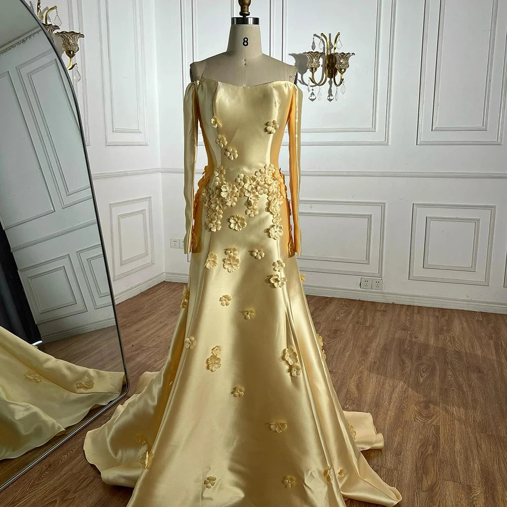 Luxury Dubai Arabia Yellow A-Line Satin Appliques Evening Dresses Gowns for Formal Occasion LA72833 - SERENE HILL