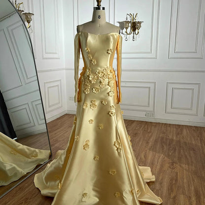 Luxury Dubai Arabia Yellow A-Line Satin Appliques Evening Dresses Gowns for Formal Occasion LA72833 - SERENE HILL