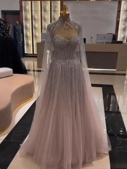Luxury Pink Tulle Beaded A Line Evening Dress LA73104 - SERENE HILL